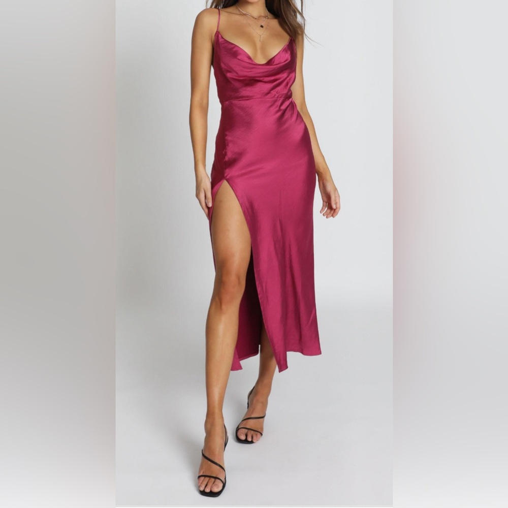 Lioness walk the line Burgundy Midi Satin slip dress